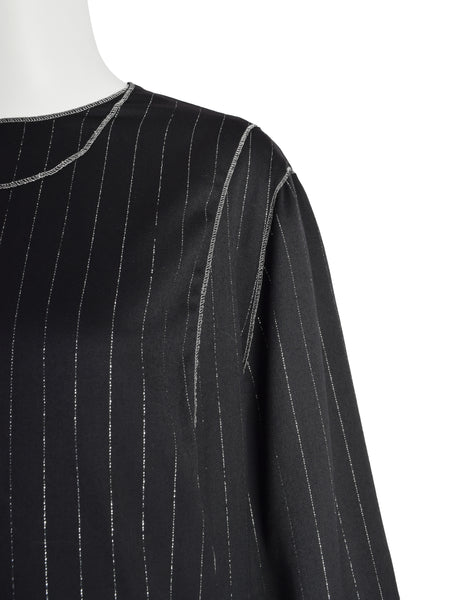 Geoffrey Beene Vintage 1990s Black Wool Gabardine Silver Metallic Pinstripe Caftan Dress