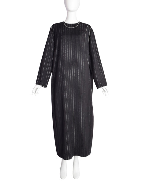 Geoffrey Beene Vintage 1990s Black Wool Gabardine Silver Metallic Pinstripe Caftan Dress