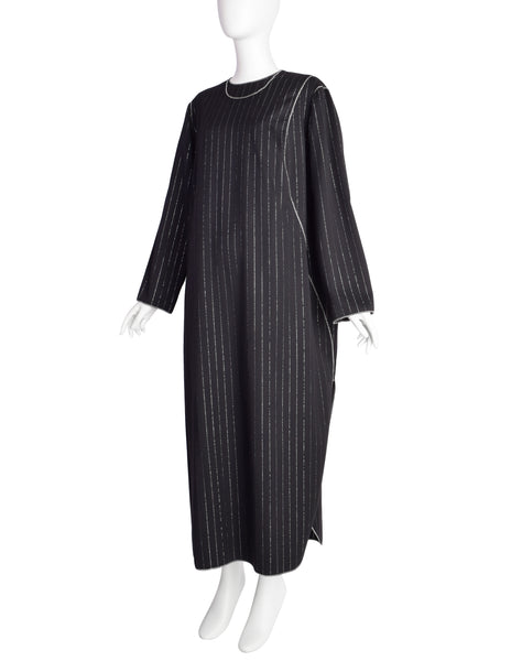 Geoffrey Beene Vintage 1990s Black Wool Gabardine Silver Metallic Pinstripe Caftan Dress