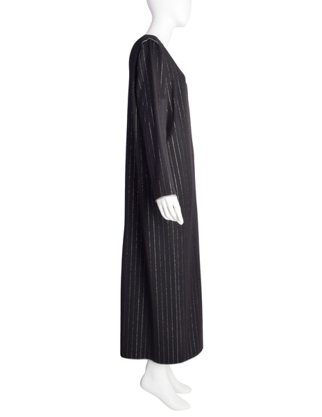 Geoffrey Beene Vintage 1990s Black Wool Gabardine Silver Metallic Pinstripe Caftan Dress