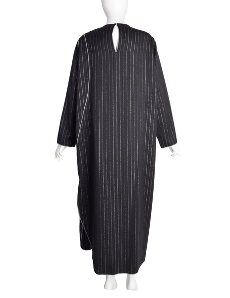 Geoffrey Beene Vintage 1990s Black Wool Gabardine Silver Metallic Pinstripe Caftan Dress