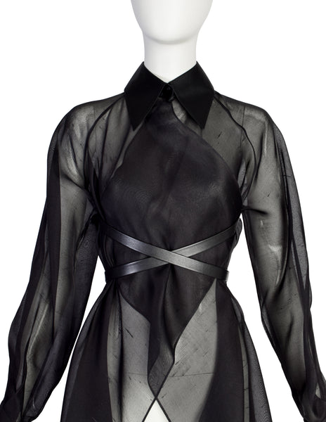 Gianfranco Ferre Vintage Avant Garde Collared Black Sheer Raw Silk Organza Draping Tail Duster