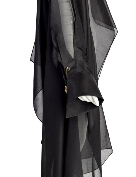 Gianfranco Ferre Vintage Avant Garde Collared Black Sheer Raw Silk Organza Draping Tail Duster