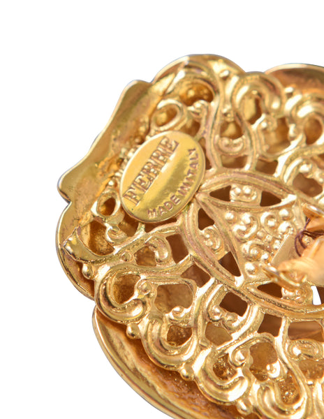 Gianfranco Ferre Vintage Oversized Baroque Brass Gem Encrusted Earrings