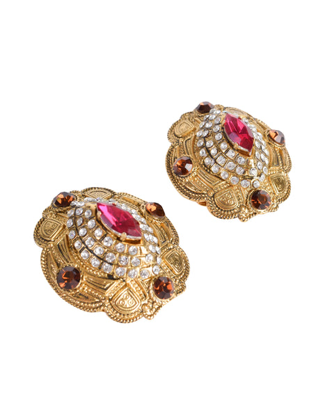 Gianfranco Ferre Vintage Oversized Baroque Brass Gem Encrusted Earrings