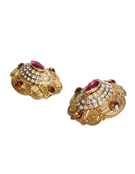 Gianfranco Ferre Vintage Oversized Baroque Brass Gem Encrusted Earrings