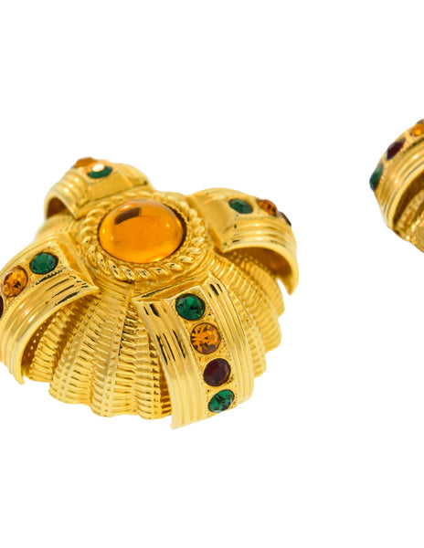 Gianfranco Ferre Vintage Oversized Baroque Multicolor Gem Encrusted Earrings