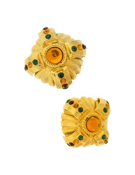 Gianfranco Ferre Vintage Oversized Baroque Multicolor Gem Encrusted Earrings