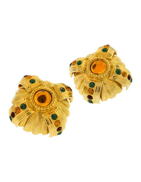 Gianfranco Ferre Vintage Oversized Baroque Multicolor Gem Encrusted Earrings