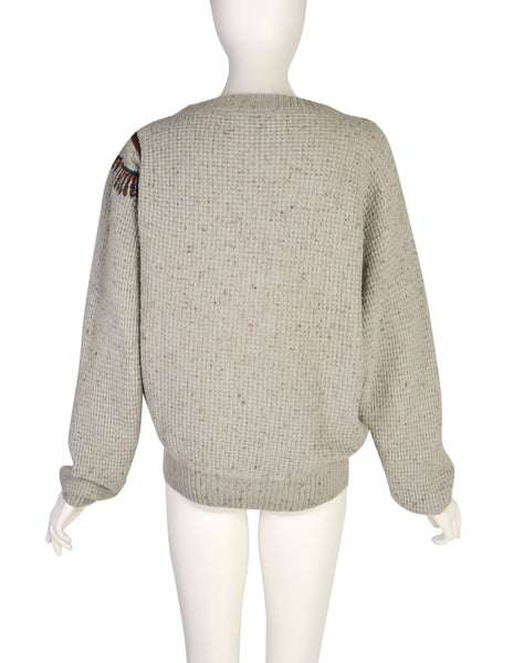 Gianni Versace Vintage Early 1980s Eagle Embroidered Grey Waffle Knit Sweater
