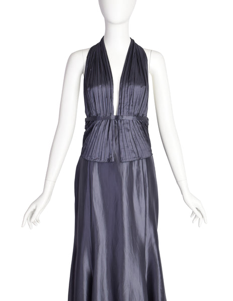 Giorgio Armani Vintage Stunning Graphite Silk Pleated Bodice Backless Full Length Halter Gown