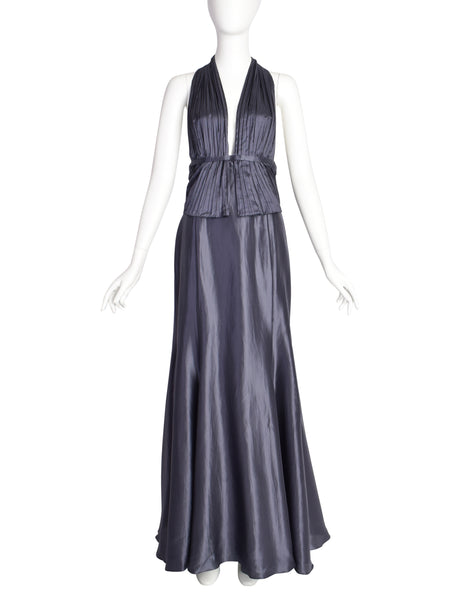 Giorgio Armani Vintage Stunning Graphite Silk Pleated Bodice Backless Full Length Halter Gown