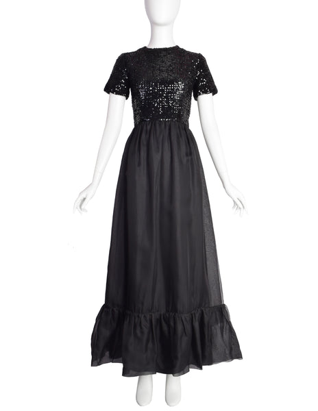 Givenchy Vintage 1970s Gorgeous Black Sequin Organza Ruffle Full Length Dress