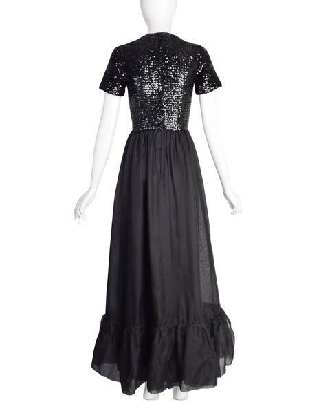 Givenchy Vintage 1970s Gorgeous Black Sequin Organza Ruffle Full Length Dress