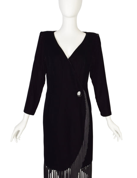 Givenchy Vintage Black Silk Velvet Tassel Fringe Wrap Dress