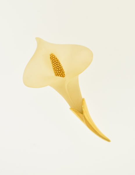 Givenchy Vintage Frosted Glass and Gold Calla Lily Brooch Pin