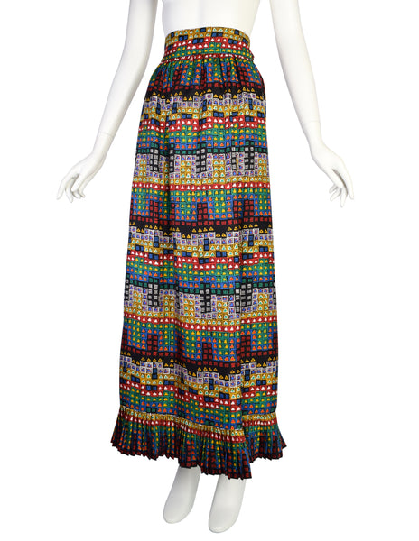 Givenchy Vintage 1970s Silk Multicolor Geometric Print Maxi Skirt