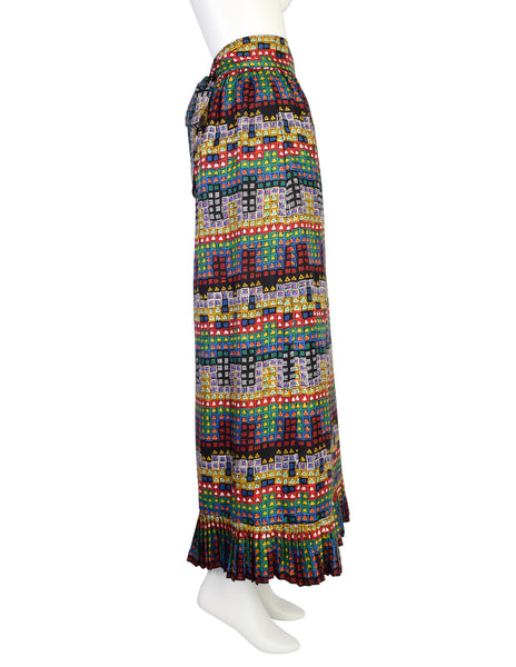 Givenchy Vintage 1970s Silk Multicolor Geometric Print Maxi Skirt