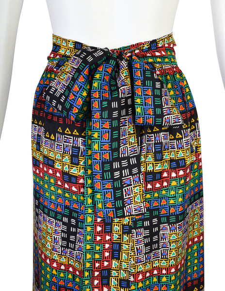 Givenchy Vintage 1970s Silk Multicolor Geometric Print Maxi Skirt