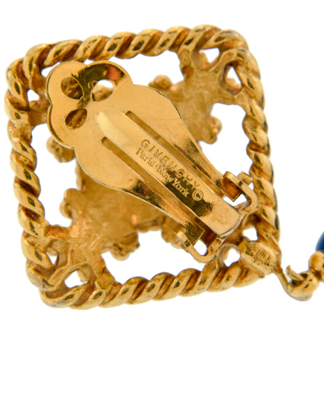 Givenchy Vintage Ornate Gold and Blue Drop Dangle Earrings
