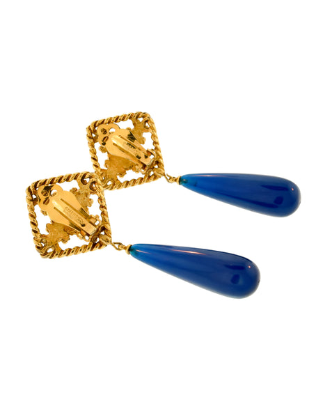Givenchy Vintage Ornate Gold and Blue Drop Dangle Earrings