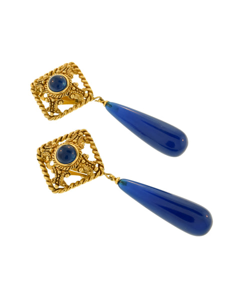 Givenchy Vintage Ornate Gold and Blue Drop Dangle Earrings