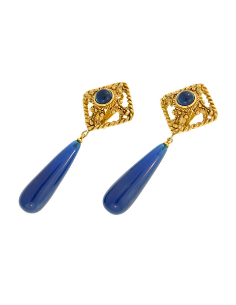 Givenchy Vintage Ornate Gold and Blue Drop Dangle Earrings
