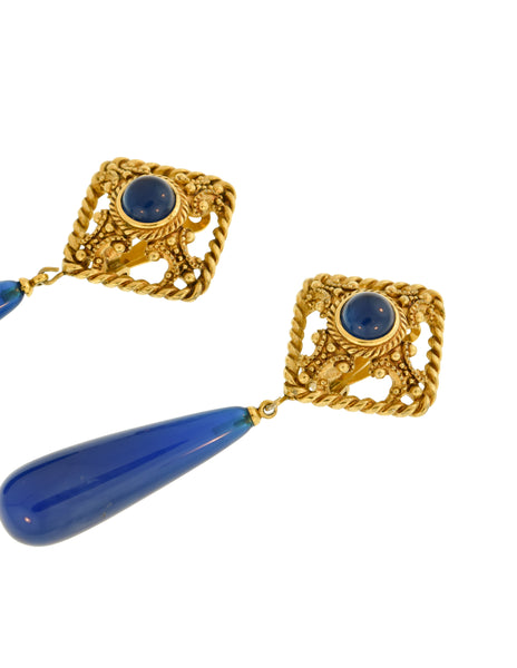 Givenchy Vintage Ornate Gold and Blue Drop Dangle Earrings