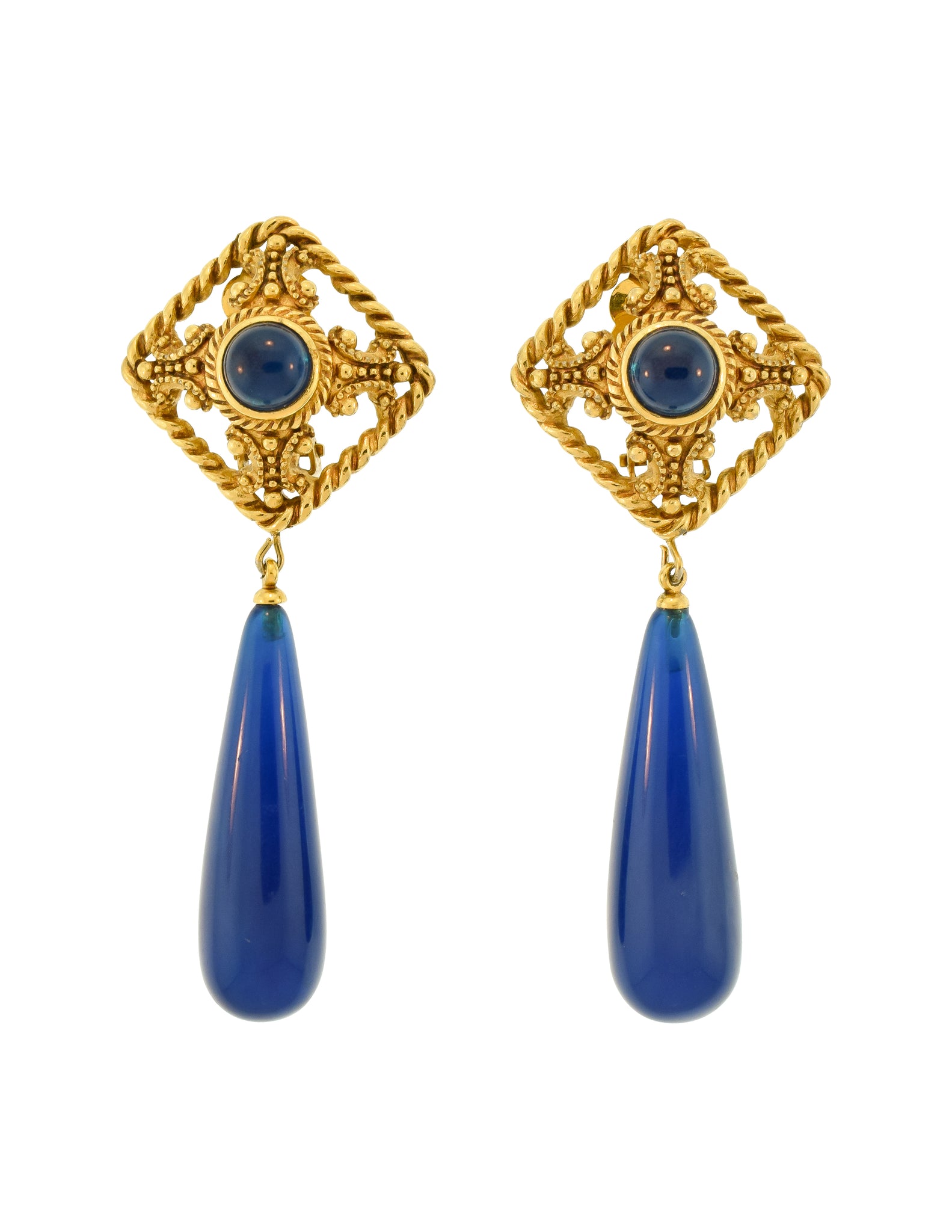 Givenchy Vintage Ornate Gold and Blue Drop Dangle Earrings