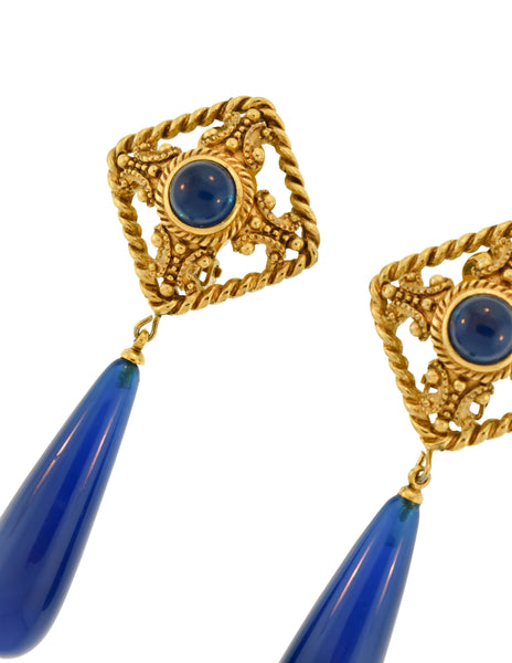 Givenchy Vintage Ornate Gold and Blue Drop Dangle Earrings