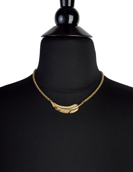 Givenchy Vintage Gold Rhinestone Feather Choker Necklace