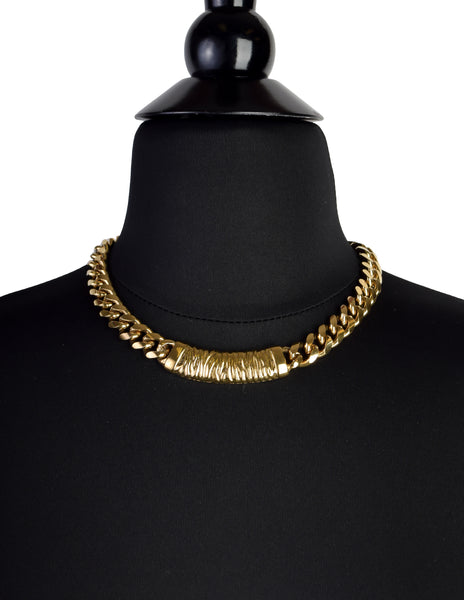 Givenchy Vintage Gold Textured Bar Curb Chain Necklace