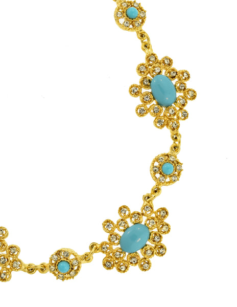 Givenchy Vintage 1960s Gold Rhinestone and Turquoise Cabochon Necklace