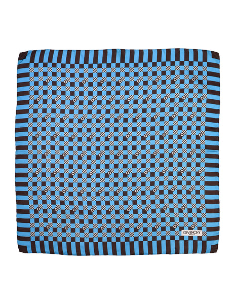 Givenchy Vintage 1960s Aqua Blue and Brown Checkerboard Mod Op Art Silk Scarf