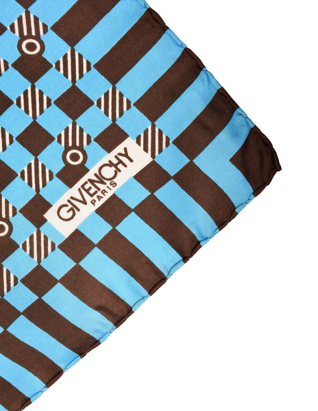 Givenchy Vintage 1960s Aqua Blue and Brown Checkerboard Mod Op Art Silk Scarf