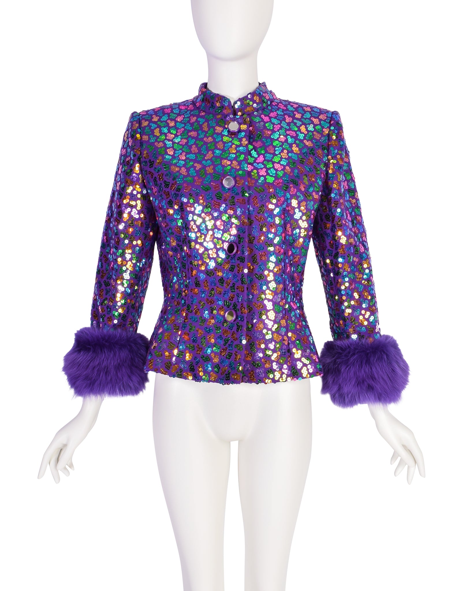 Givenchy Vintage 1980s Purple Wool Multicolor Sequin Fox Fur Jacket