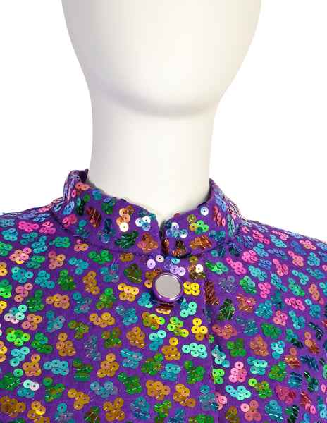 Givenchy Vintage 1980s Purple Wool Multicolor Sequin Fox Fur Jacket