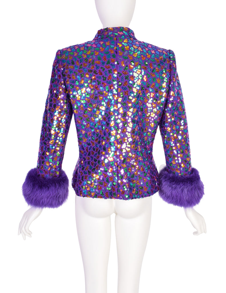 Givenchy Vintage 1980s Purple Wool Multicolor Sequin Fox Fur 