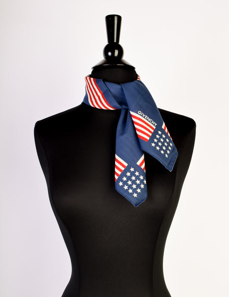 Givenchy Vintage Red White and Blue Stars and Stripes Americana Cotton Bandana Scarf