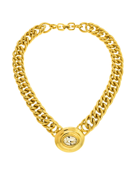 Givenchy Vintage Oval Rhinestone Gold Chain Collar Necklace
