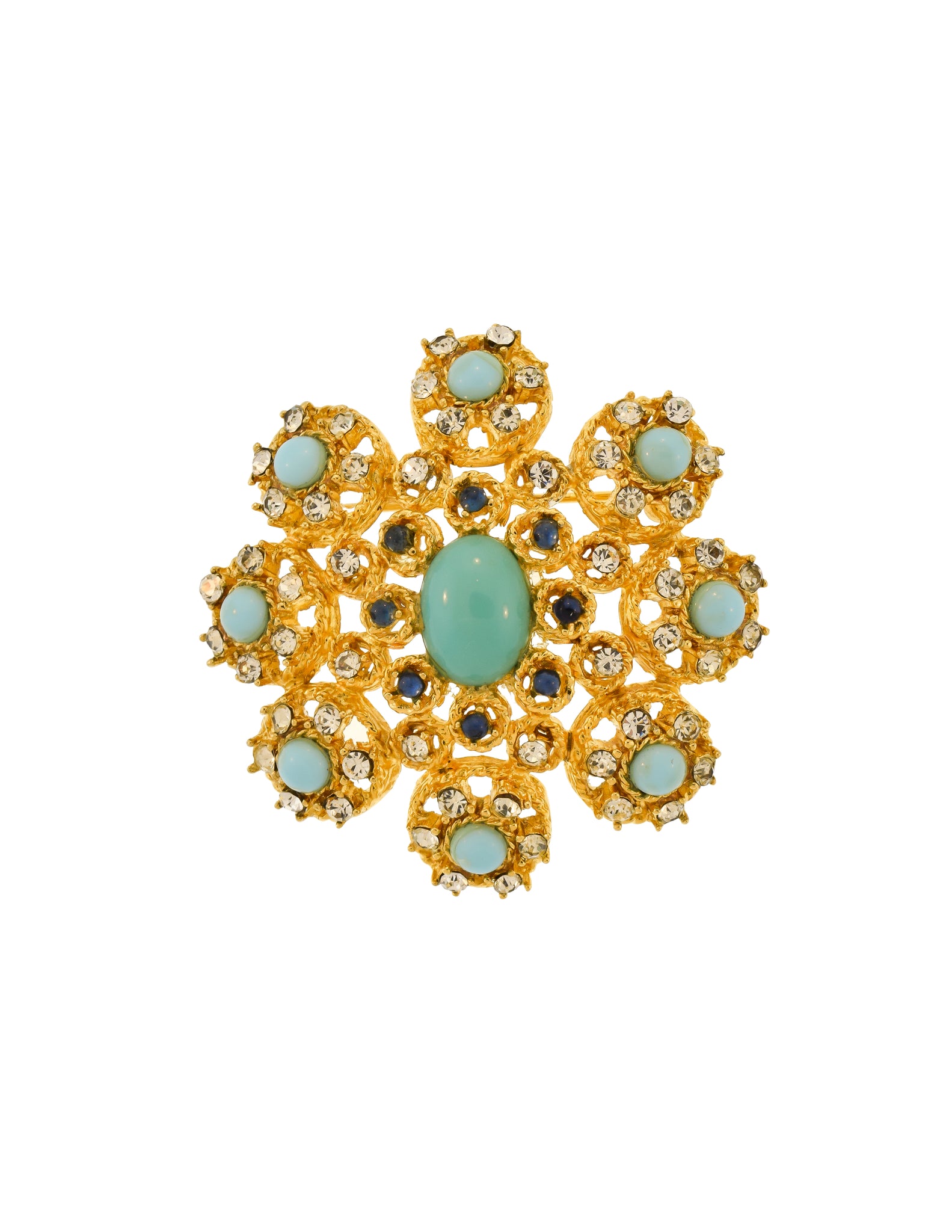 Givenchy Vintage 1960s Turquoise Blue Rhinestone Gold Pendant Brooch Pin
