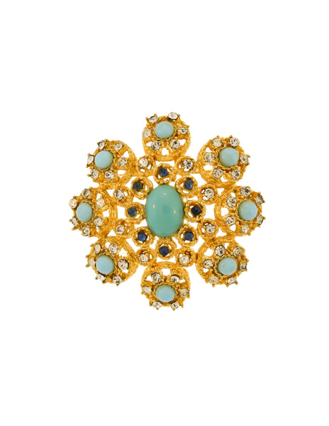Givenchy Vintage 1960s Turquoise Blue Rhinestone Gold Pendant Brooch Pin