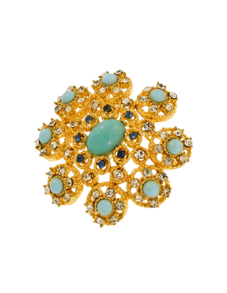 Givenchy Vintage 1960s Turquoise Blue Rhinestone Gold Pendant Brooch Pin
