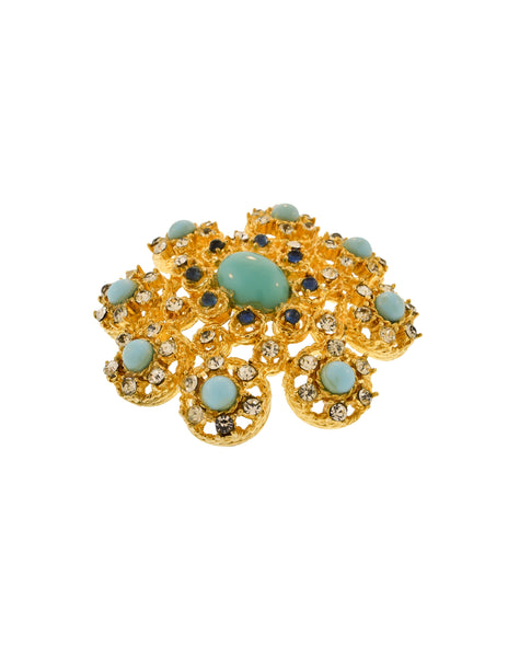Givenchy Vintage 1960s Turquoise Blue Rhinestone Gold Pendant Brooch Pin