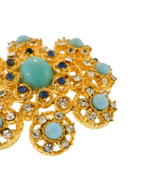 Givenchy Vintage 1960s Turquoise Blue Rhinestone Gold Pendant Brooch Pin