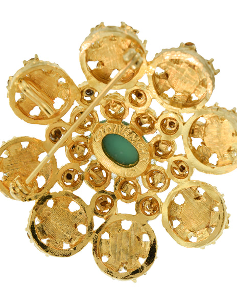 Givenchy Vintage 1960s Turquoise Blue Rhinestone Gold Pendant Brooch Pin