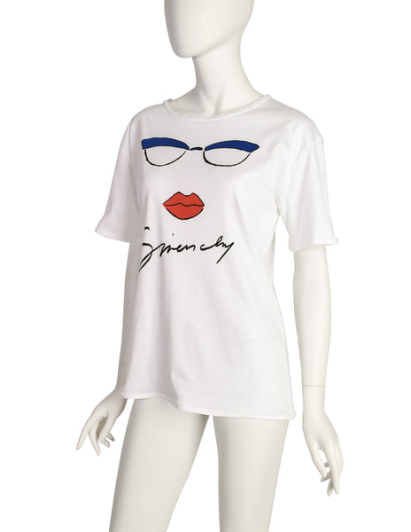 Givenchy Vintage White Glasses Lips Novelty Signature Logo T-Shirt