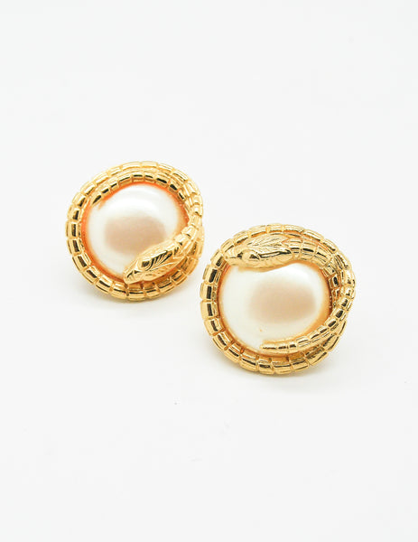 Givenchy Vintage Gold Snake Pearl Earrings