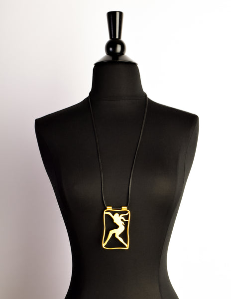 Givenchy Vintage Gold Female Silhouette Pendant Leather Necklace