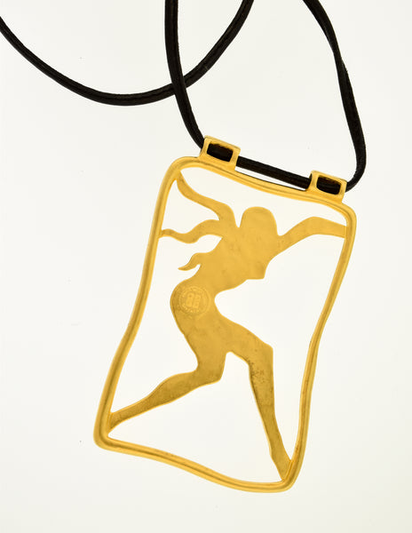 Givenchy Vintage Gold Female Silhouette Pendant Leather Necklace